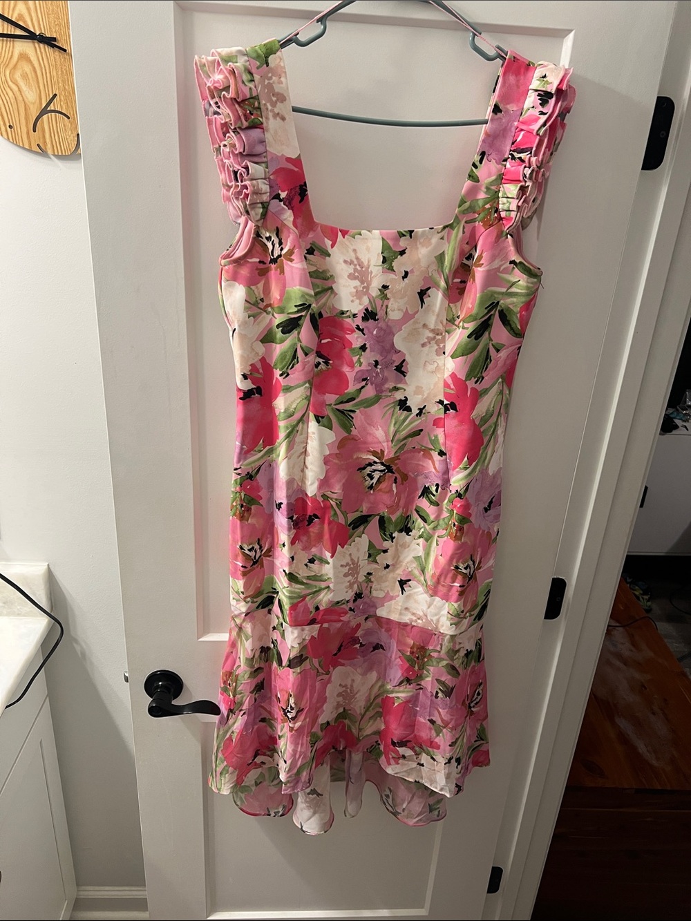 Adrianna Papell Pink and Green Floral Ruffle Strap Midi Dress